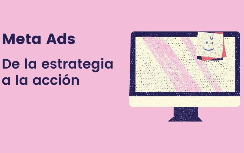 Ilustración de una estrategia de Meta Ads mostrando diferentes fases del embudo de marketing: selección de audiencias, canales, objetivos, creatividad y landing pages, con un enfoque en ecommerce sostenible