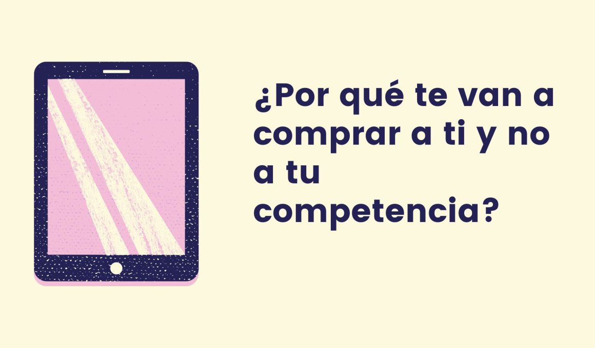 Ilustración minimalista de una tableta con la pregunta '¿Por qué te van a comprar a ti y no a tu competencia?', destacando el enfoque en la diferenciación competitiva en estrategias de marketing.